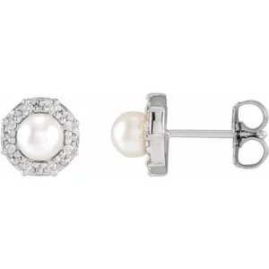 14K White Cultured White Akoya Pearl & .07 CTW Natural Diamond Halo-Style Earrings 87546
