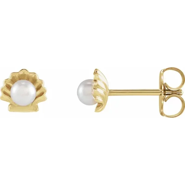 14K Yellow Cultured White Seed Pearl Shell Earrings 88204